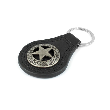 Silver Texas Star Concho Black Leather Keychain Keyring Fob Cowboy Gift 3.5 inch