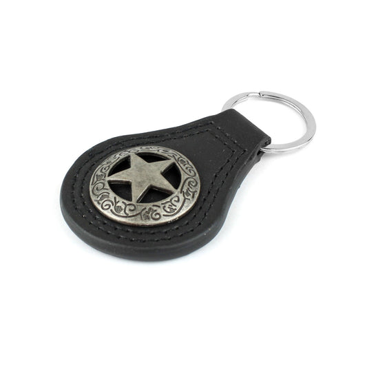 Silver Texas Star Concho Black Leather Keychain Keyring Fob Cowboy Gift 3.5 inch