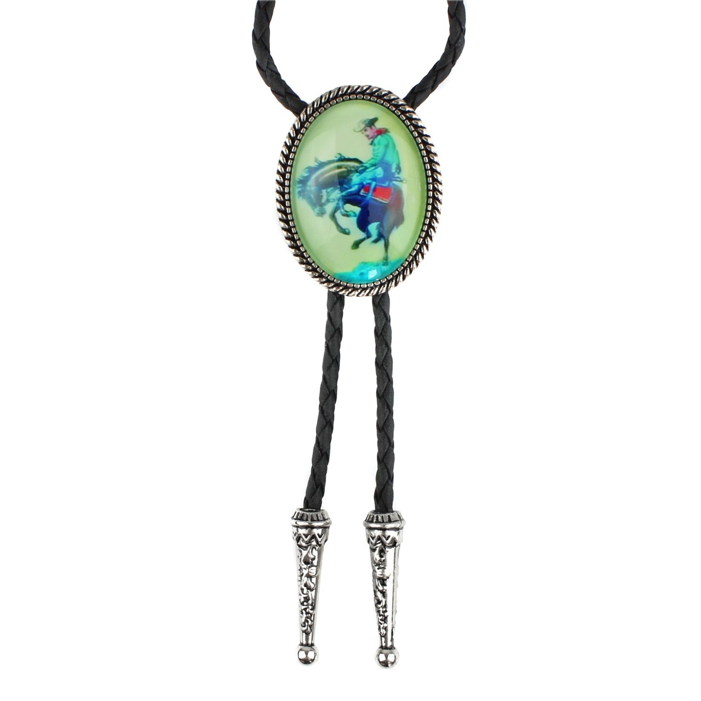 Oval Glow In The Dark Bucking Horse Cowboy Bolo Tie 40 in Adjustable Black Cord