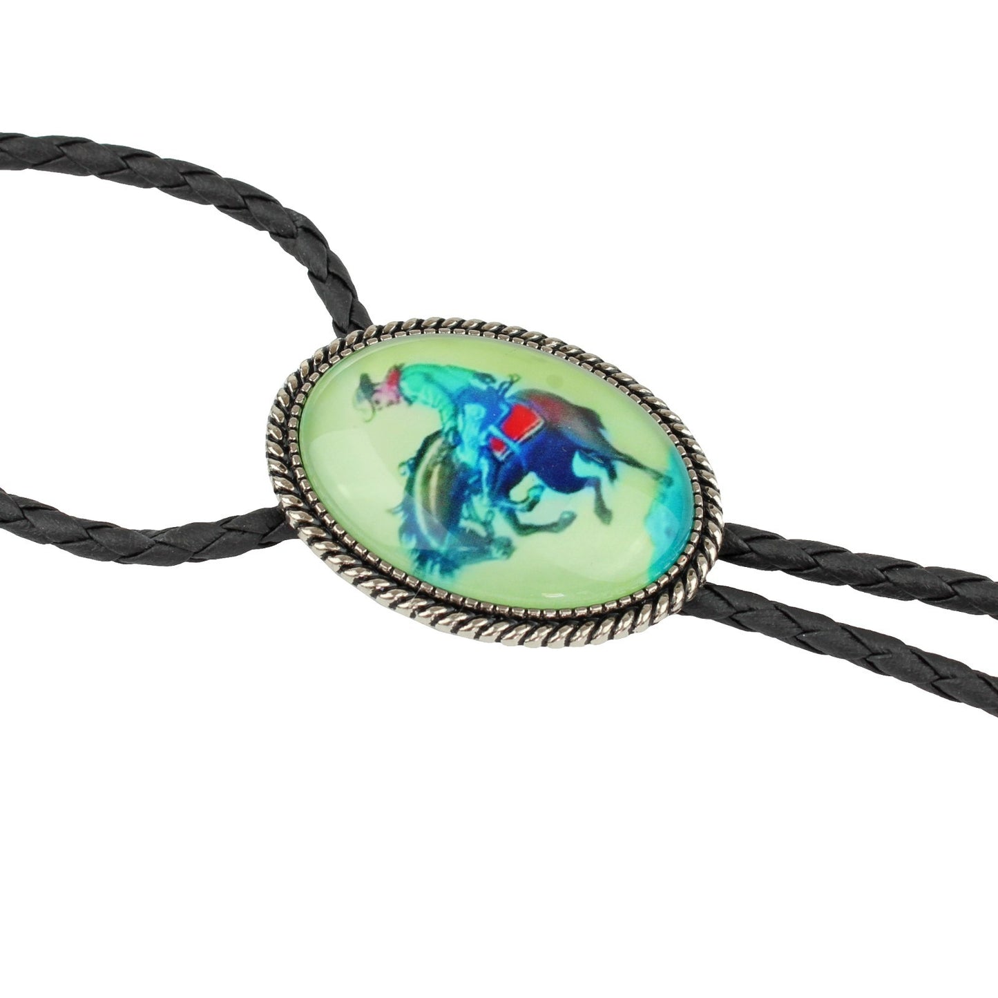Oval Glow In The Dark Bucking Horse Cowboy Bolo Tie 40 in Adjustable Black Cord
