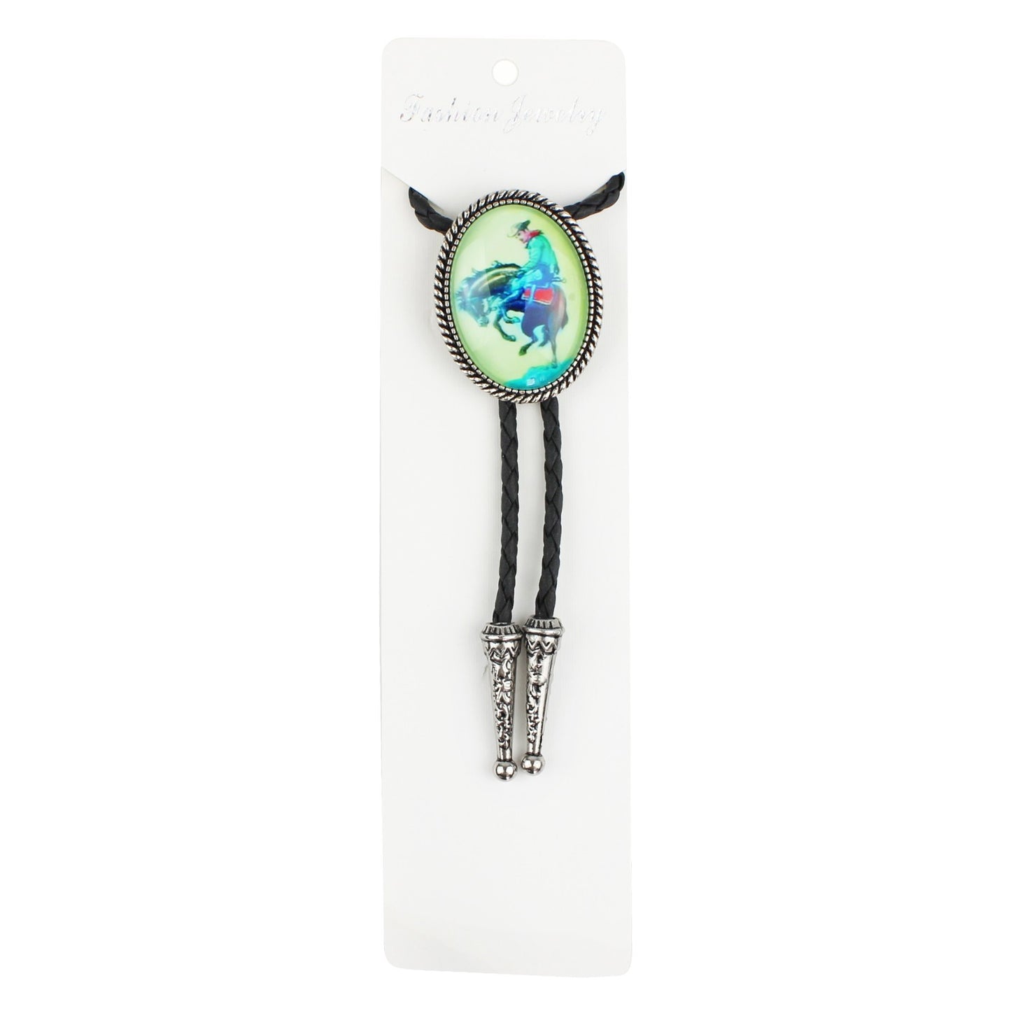 Oval Glow In The Dark Bucking Horse Cowboy Bolo Tie 40 in Adjustable Black Cord