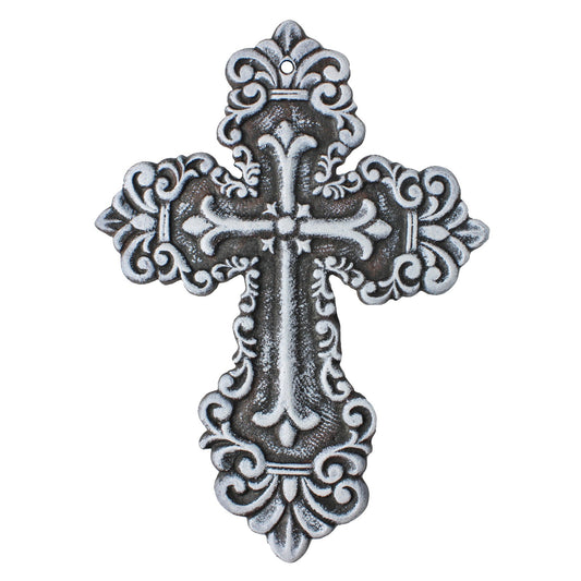 Rustic White Cast Iron Wall Cross Fleur De Lis Layered Floral Design 11 inch