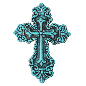 Rustic Turquoise Cast Iron Wall Cross Fleur De Lis Layered Floral Design 11 inch