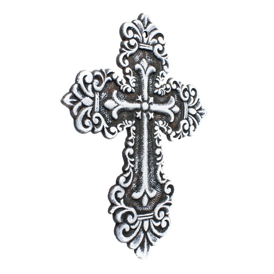 Rustic White Cast Iron Wall Cross Fleur De Lis Layered Floral Design 11 inch