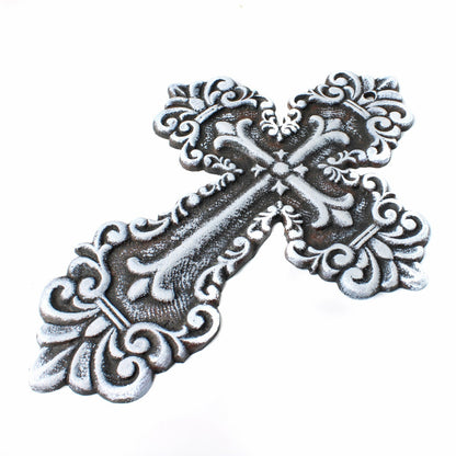 Rustic White Cast Iron Wall Cross Fleur De Lis Layered Floral Design 11 inch