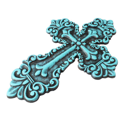 Rustic Turquoise Cast Iron Wall Cross Fleur De Lis Layered Floral Design 11 inch