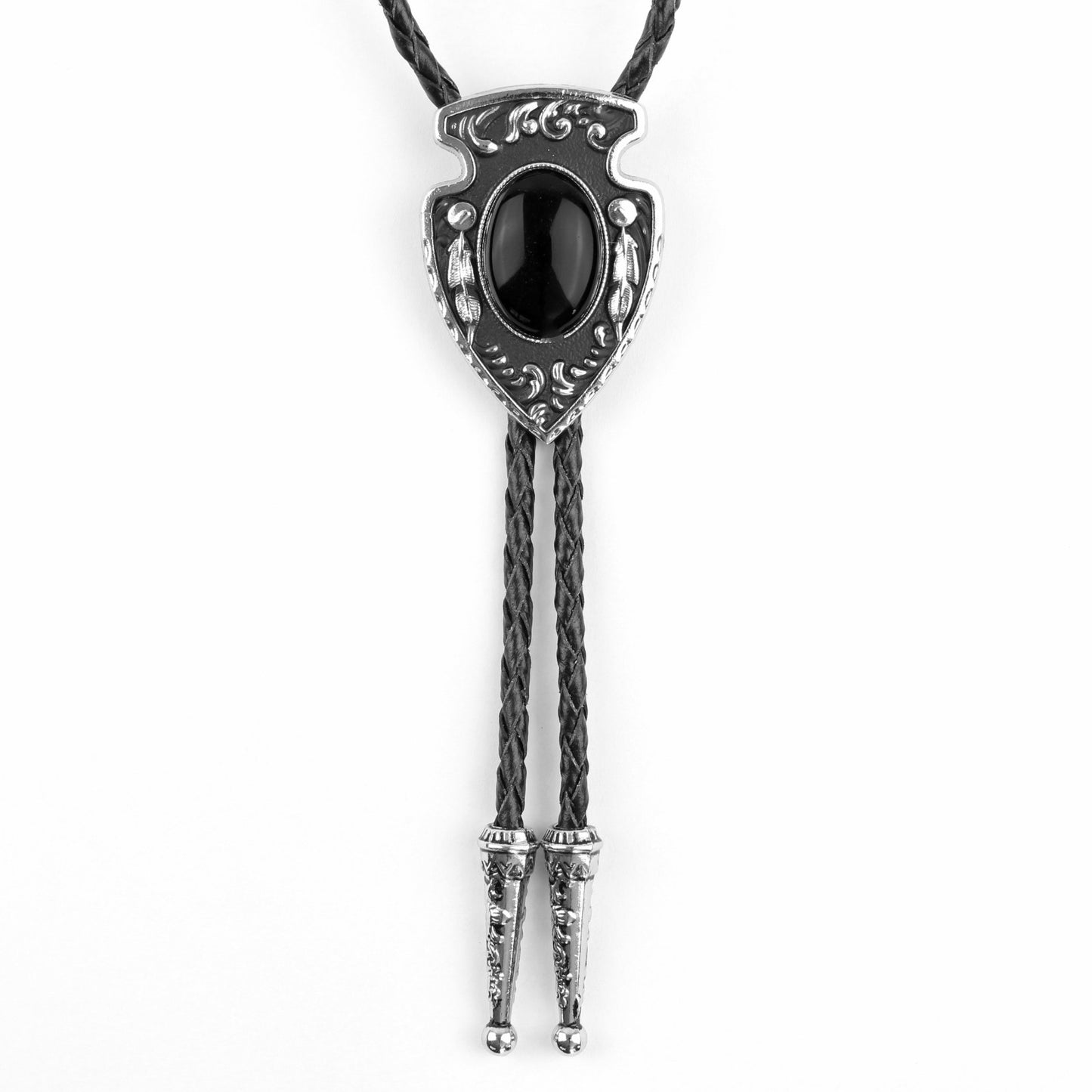 Arrowhead Oval Black Onyx Stone Bolo Tie Silver Color 40 in Black Leather Cord