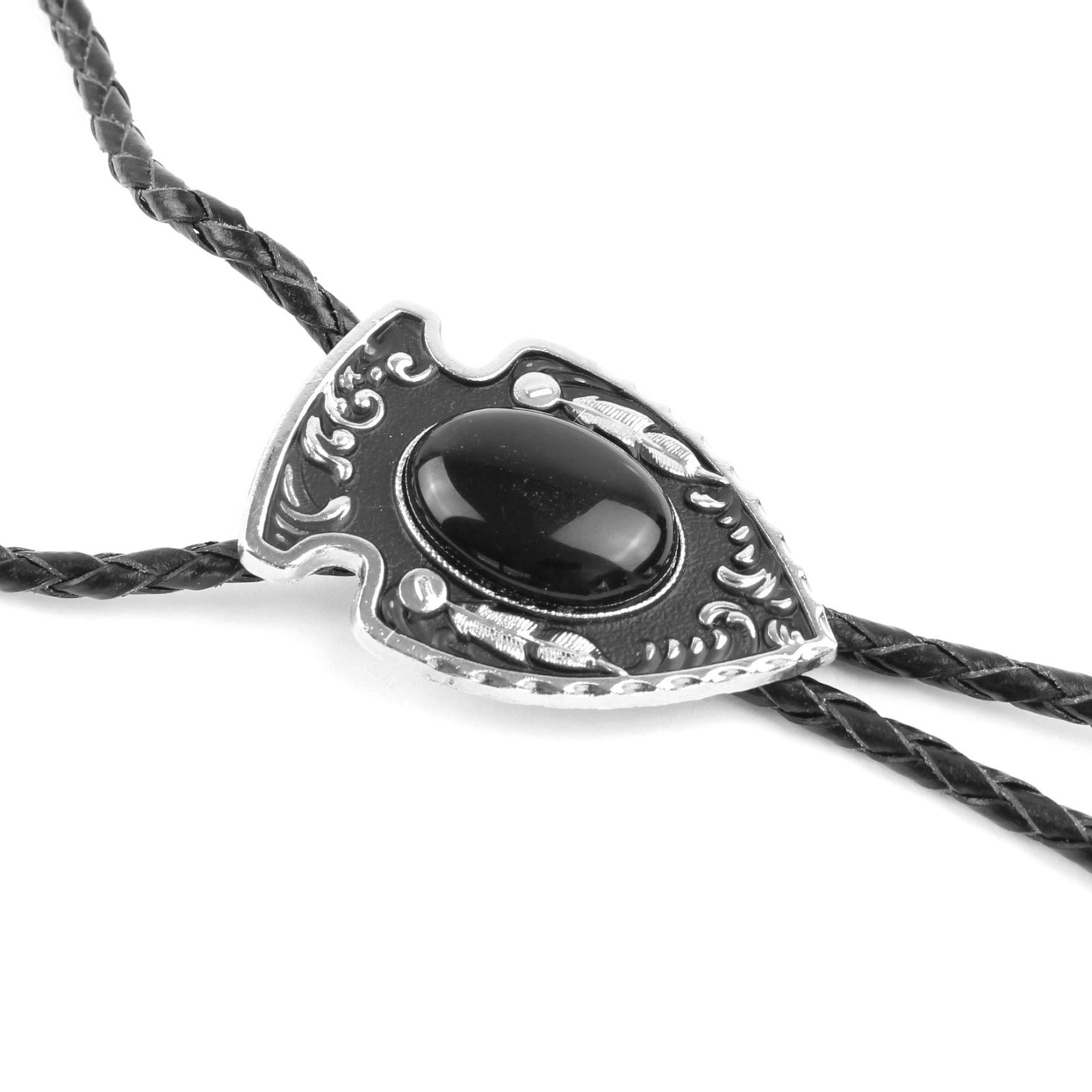 Arrowhead Oval Black Onyx Stone Bolo Tie Silver Color 40 in Black Leather Cord