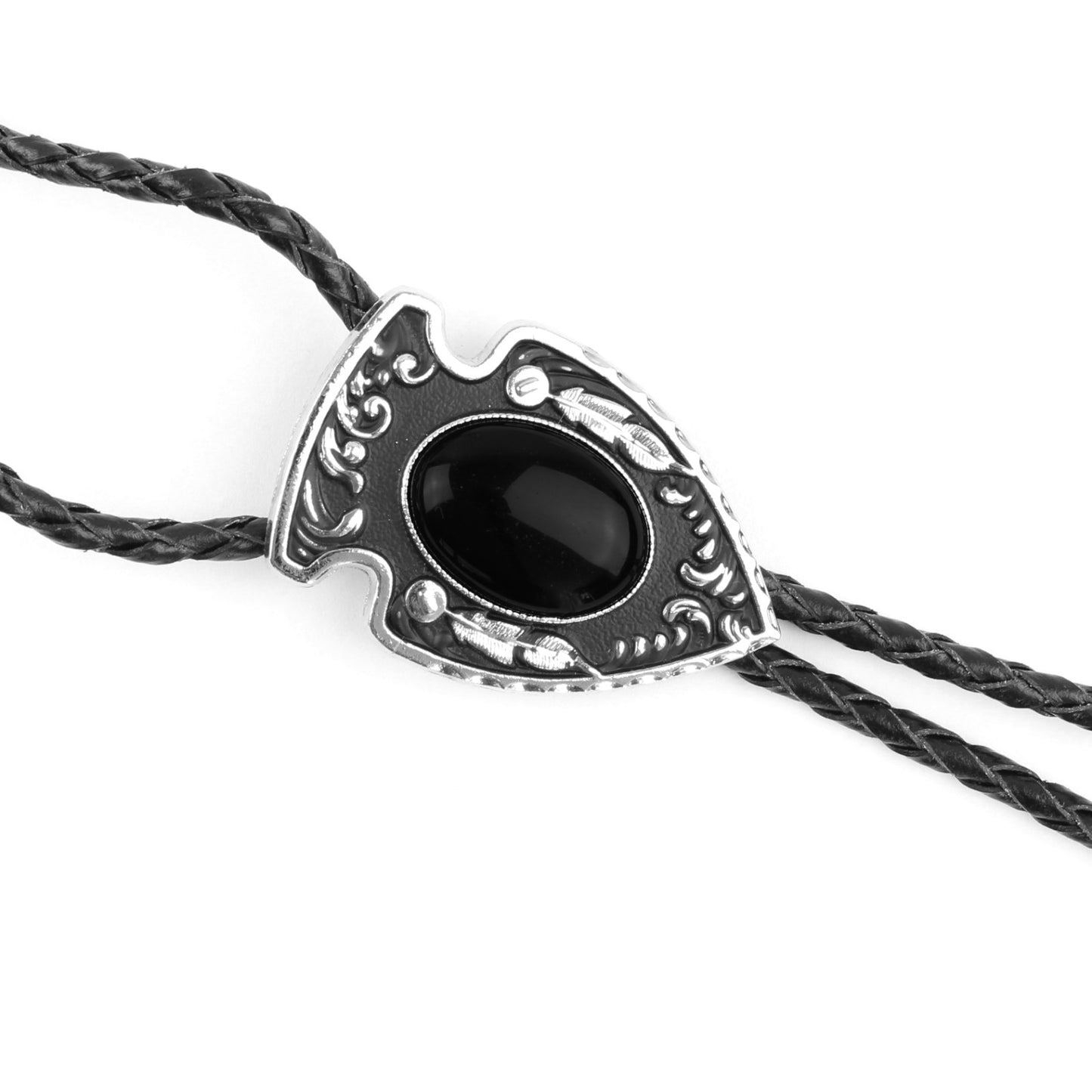 Arrowhead Oval Black Onyx Stone Bolo Tie Silver Color 40 in Black Leather Cord