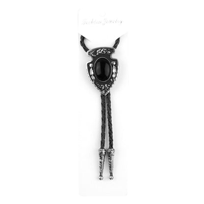 Arrowhead Oval Black Onyx Stone Bolo Tie Silver Color 40 in Black Leather Cord