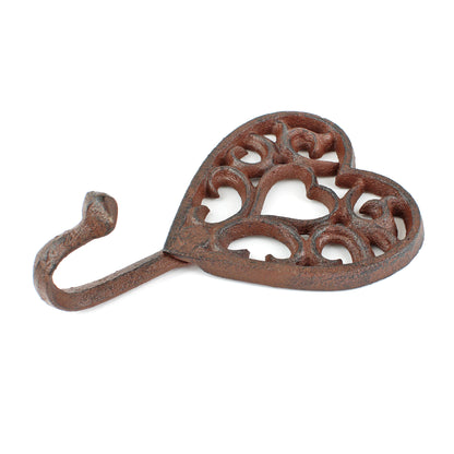 Cast Iron Heart Scrolls Wall Hook Key Towel Coat Hanger Antique Brown 7 inch