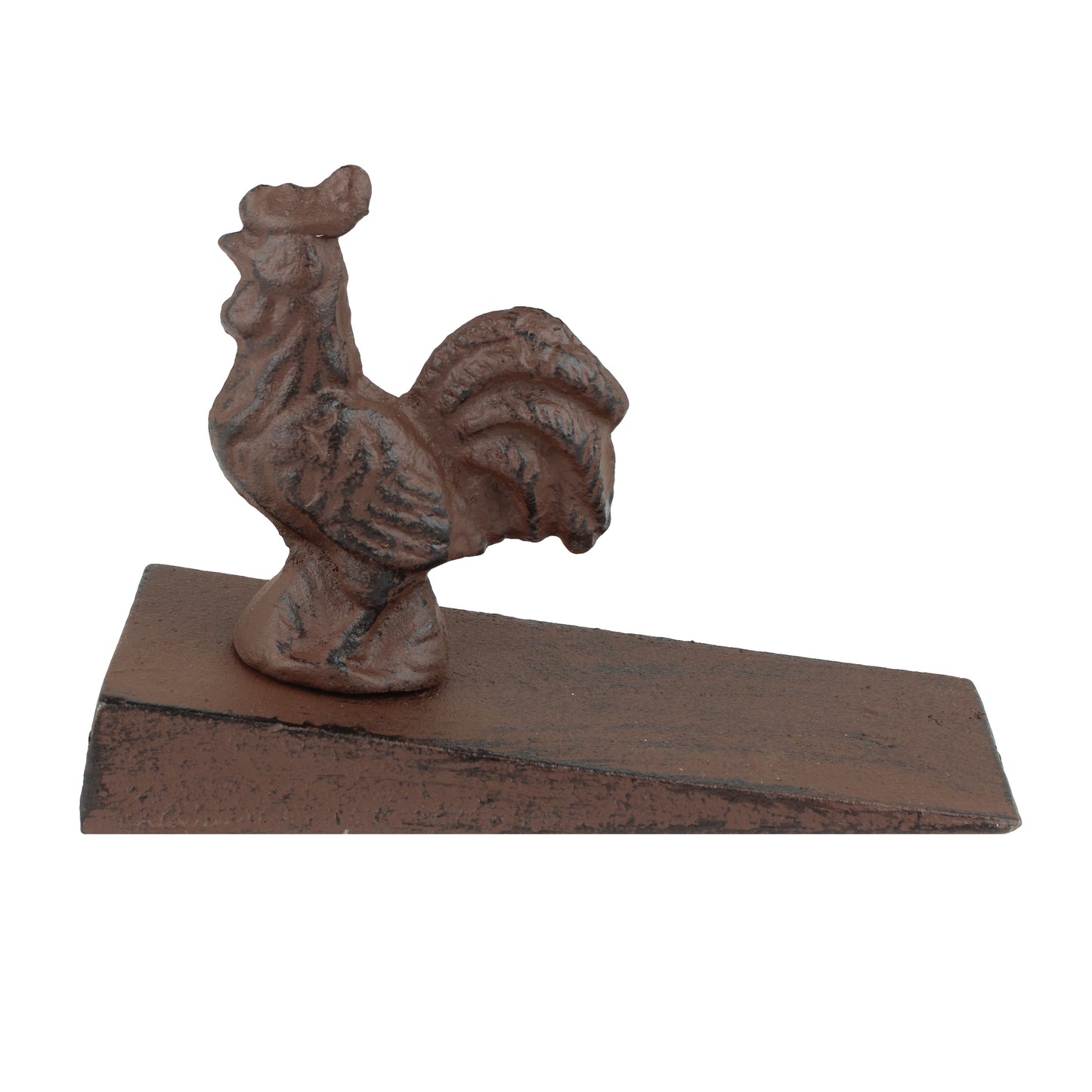 Cast Iron Rooster Doorstop Wedge Angled Base Antiqued Rustic Brown 5.5 inch