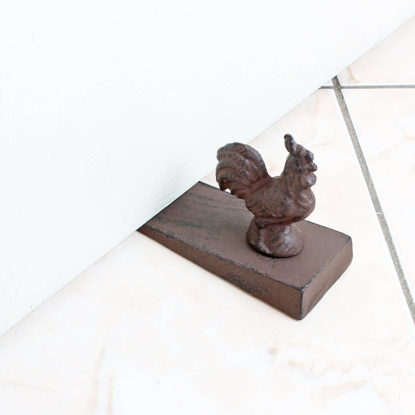 Cast Iron Rooster Doorstop Wedge Angled Base Antiqued Rustic Brown 5.5 inch