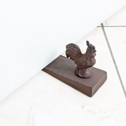Cast Iron Rooster Doorstop Wedge Angled Base Antiqued Rustic Brown 5.5 inch