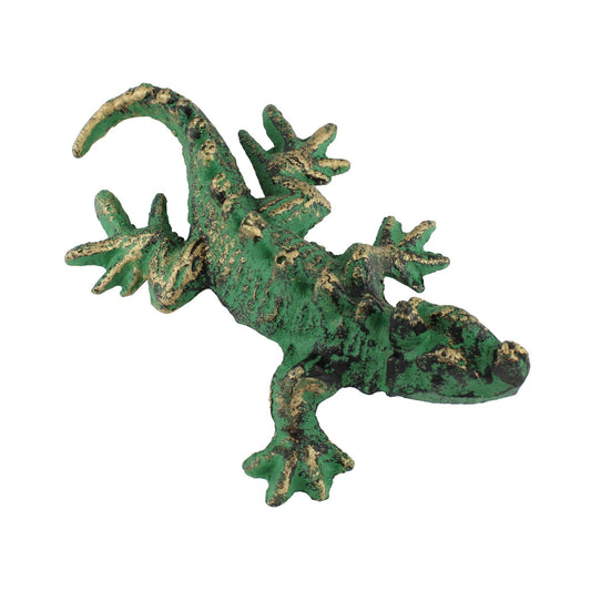 Verdigris Cast Iron Horned Horny Toad Lizard Figurine Green & Gold 6.5 inch