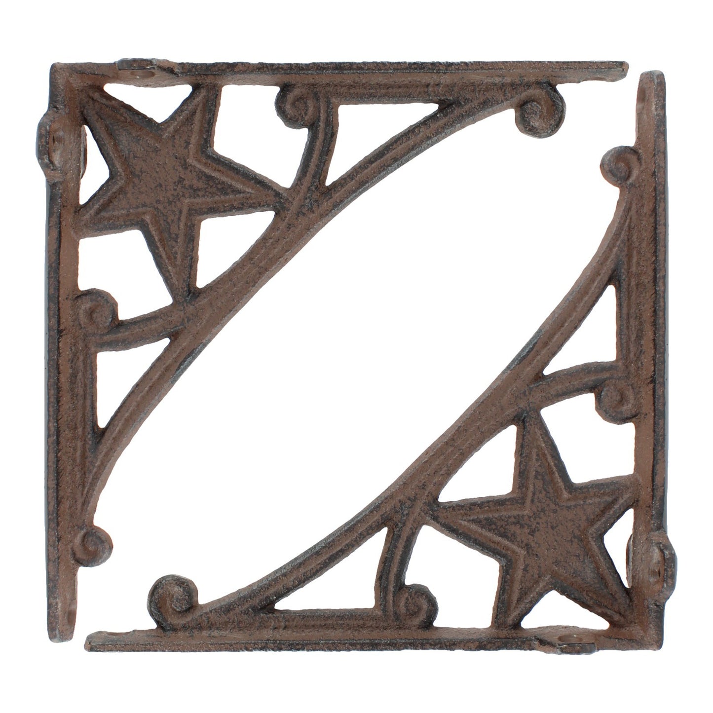 2 Cast Iron Star Scrolls Shelf Brackets Western Braces Antique Brown 6.75 inch