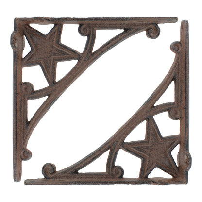 2 Cast Iron Star Scrolls Shelf Brackets Western Braces Antique Brown 6.75 inch