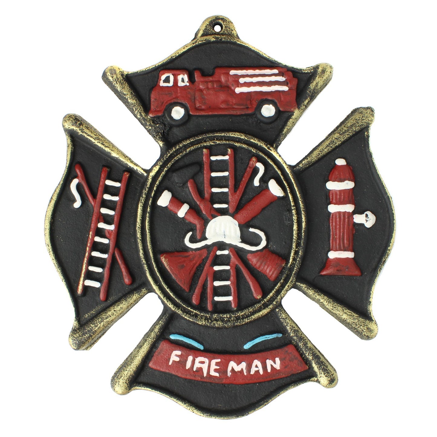 Rustic Cast Iron Fireman Firefighter Wall Decor Hand Painted Maltese Cross Logo