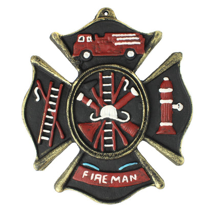 Rustic Cast Iron Fireman Firefighter Wall Decor Hand Painted Maltese Cross Logo