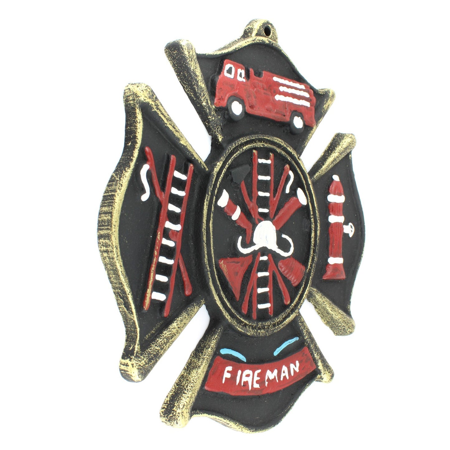 Rustic Cast Iron Fireman Firefighter Wall Decor Hand Painted Maltese Cross Logo