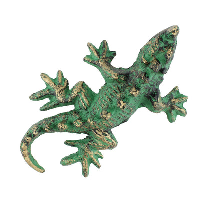 Verdigris Cast Iron Horned Horny Toad Lizard Figurine Green & Gold 6.5 inch