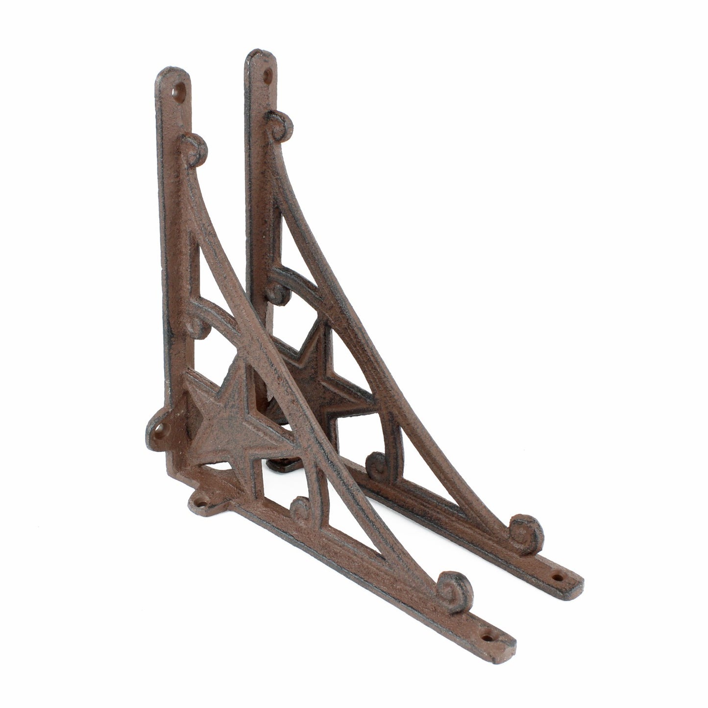 2 Cast Iron Star Scrolls Shelf Brackets Western Braces Antique Brown 6.75 inch