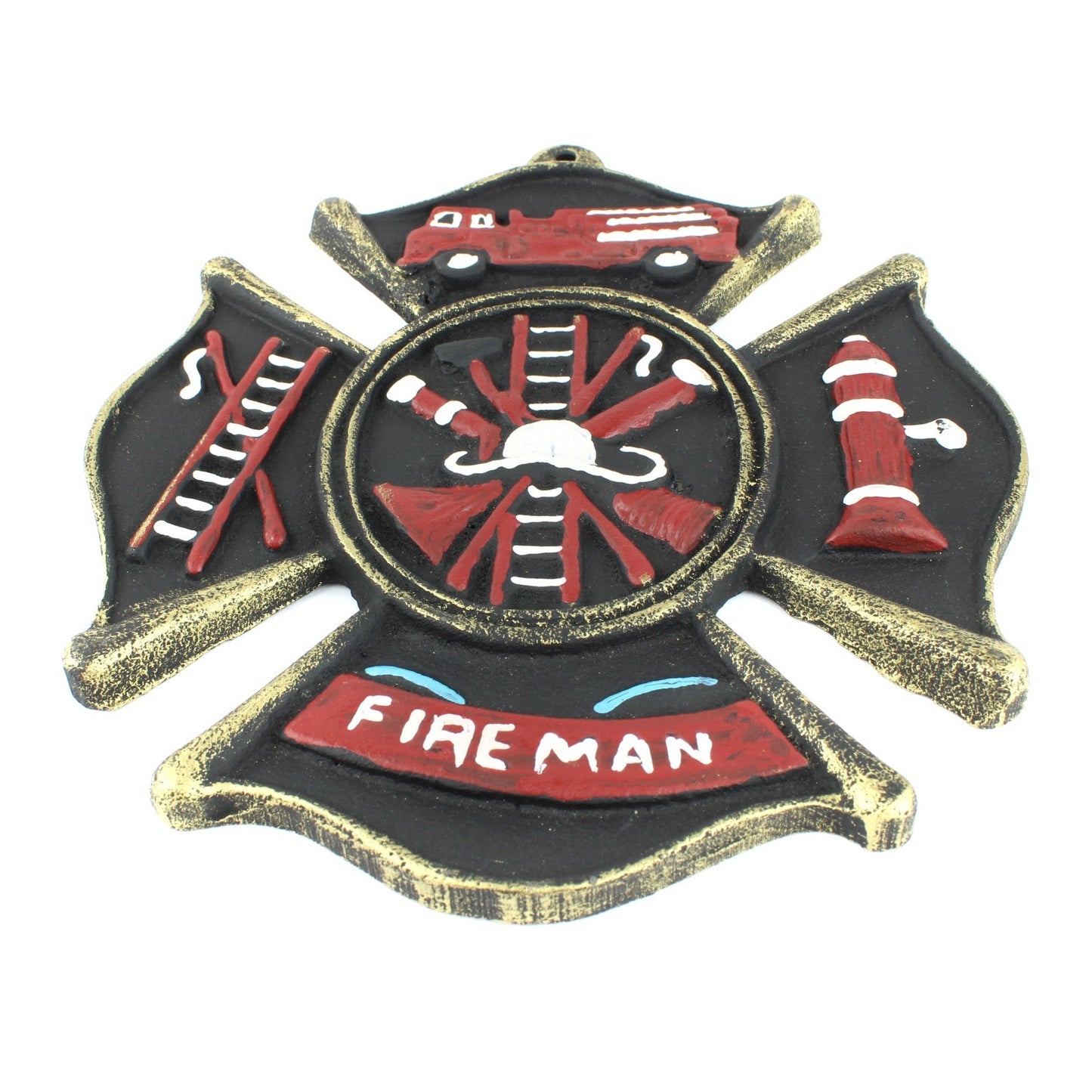Rustic Cast Iron Fireman Firefighter Wall Decor Hand Painted Maltese Cross Logo