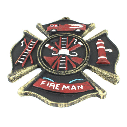 Rustic Cast Iron Fireman Firefighter Wall Decor Hand Painted Maltese Cross Logo