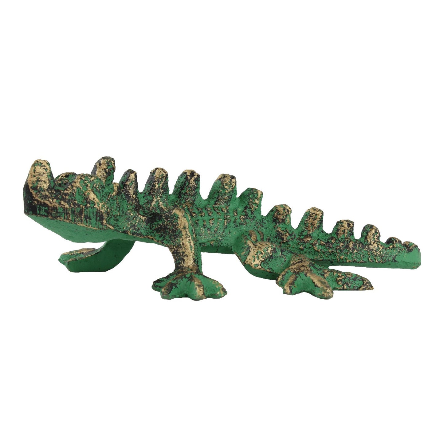 Verdigris Cast Iron Horned Horny Toad Lizard Figurine Green & Gold 6.5 inch