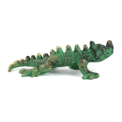 Verdigris Cast Iron Horned Horny Toad Lizard Figurine Green & Gold 6.5 inch