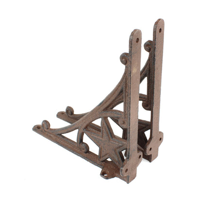 2 Cast Iron Star Scrolls Shelf Brackets Western Braces Antique Brown 6.75 inch