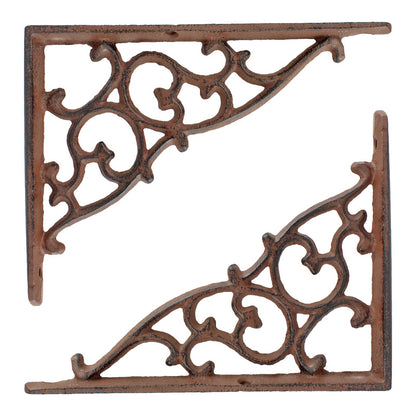 2 Rustic Cast Iron Scrolls Shelf Brackets Ornate Vines Corner Brace 7 x 5 1/4 in