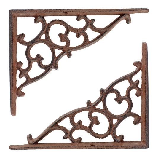 2 Rustic Cast Iron Scrolls Shelf Brackets Ornate Vines Corner Brace 7 x 5 1/4 in