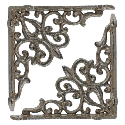 2 Cast Iron Fleur De Lis Vines Shelf Bracket Corner Brace Rustic Brown 5 1/2 in