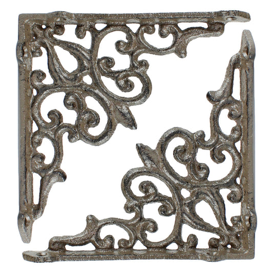 2 Cast Iron Fleur De Lis Vines Shelf Bracket Corner Brace Rustic Brown 5 1/2 in