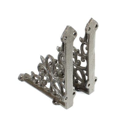 2 Cast Iron Fleur De Lis Vines Shelf Bracket Corner Brace Rustic Brown 5 1/2 in