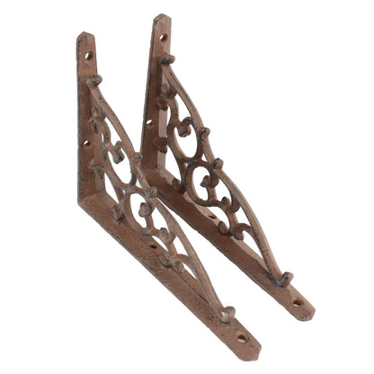 2 Rustic Cast Iron Scrolls Shelf Brackets Ornate Vines Corner Brace 7 x 5 1/4 in