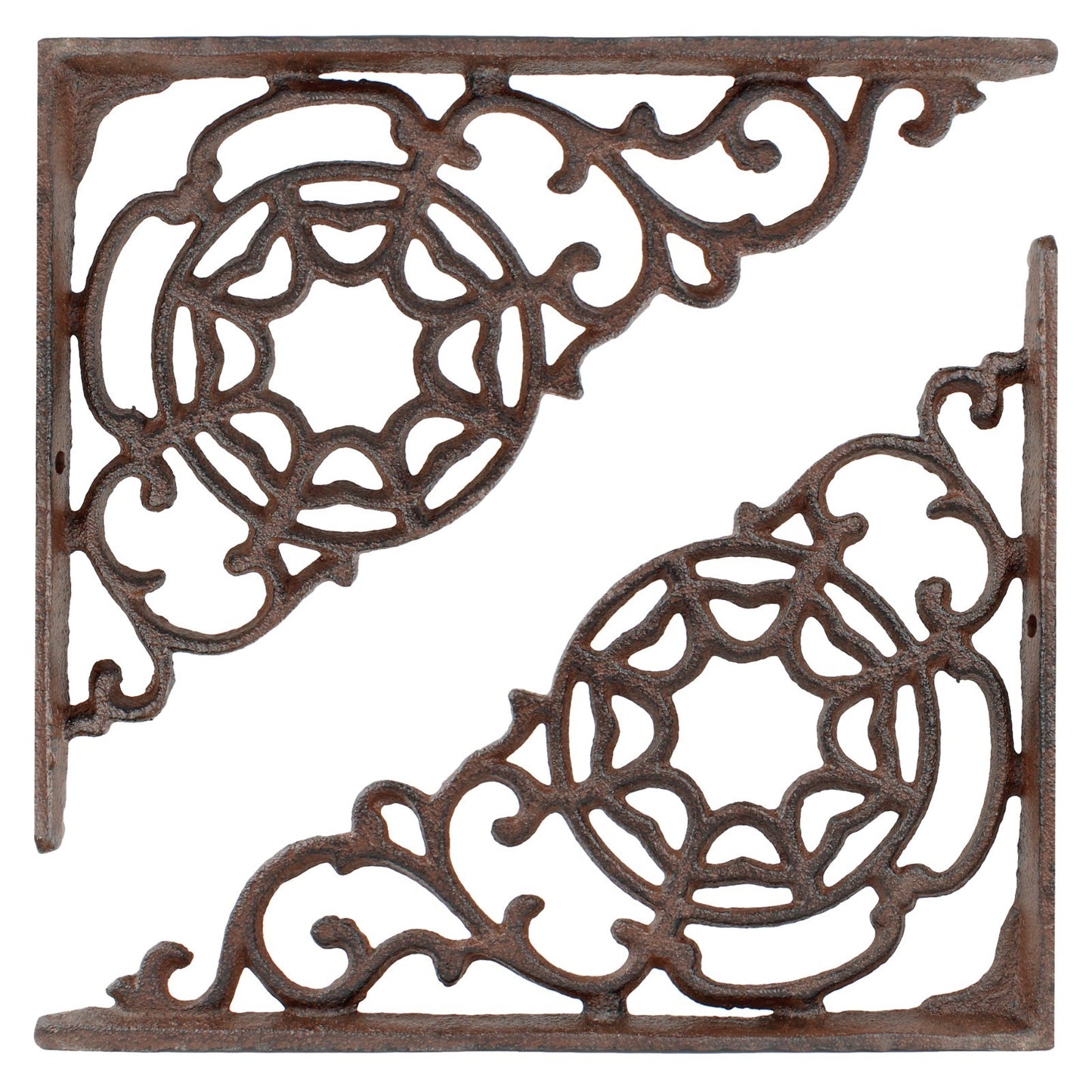 2 Rustic Cast Iron Scrolls Web Shelf Brackets Ornate Corner Brace 9 x 7 1/4 inch