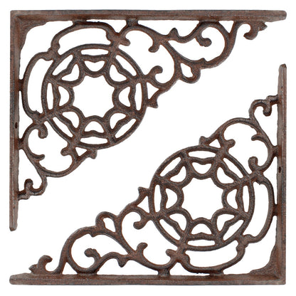 2 Rustic Cast Iron Scrolls Web Shelf Brackets Ornate Corner Brace 9 x 7 1/4 inch