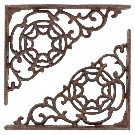 2 Rustic Cast Iron Scrolls Web Shelf Brackets Ornate Corner Brace 9 x 7 1/4 inch