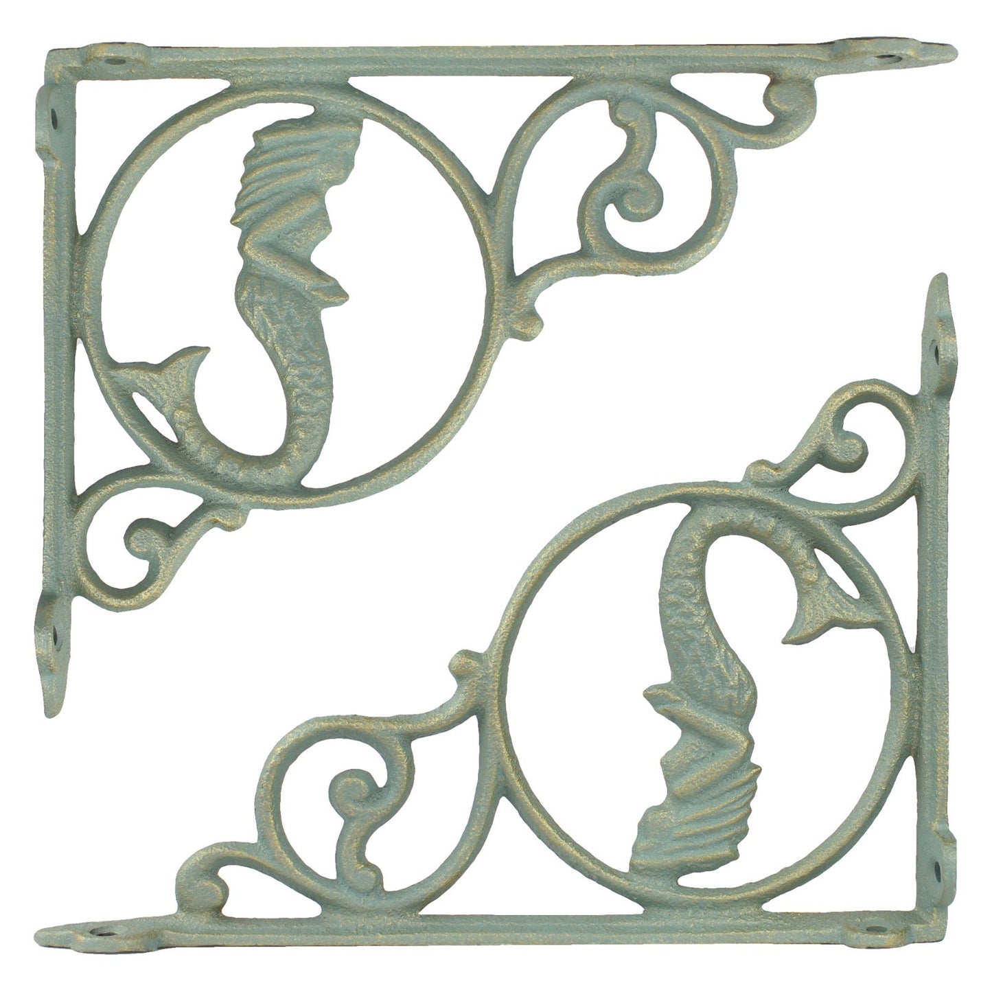 2 Mermaid Scrolls Shelf Brackets Verdigris Cast Iron Nautical Decor Green 9 inch