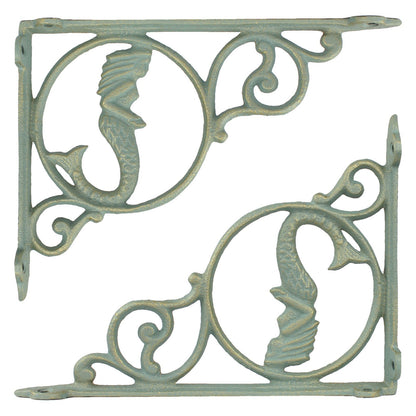 2 Mermaid Scrolls Shelf Brackets Verdigris Cast Iron Nautical Decor Green 9 inch