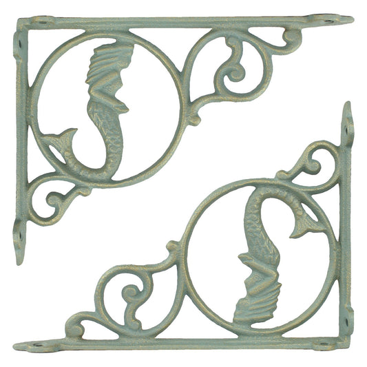 2 Mermaid Scrolls Shelf Brackets Verdigris Cast Iron Nautical Decor Green 9 inch