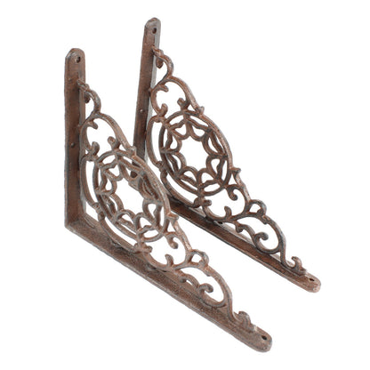 2 Rustic Cast Iron Scrolls Web Shelf Brackets Ornate Corner Brace 9 x 7 1/4 inch
