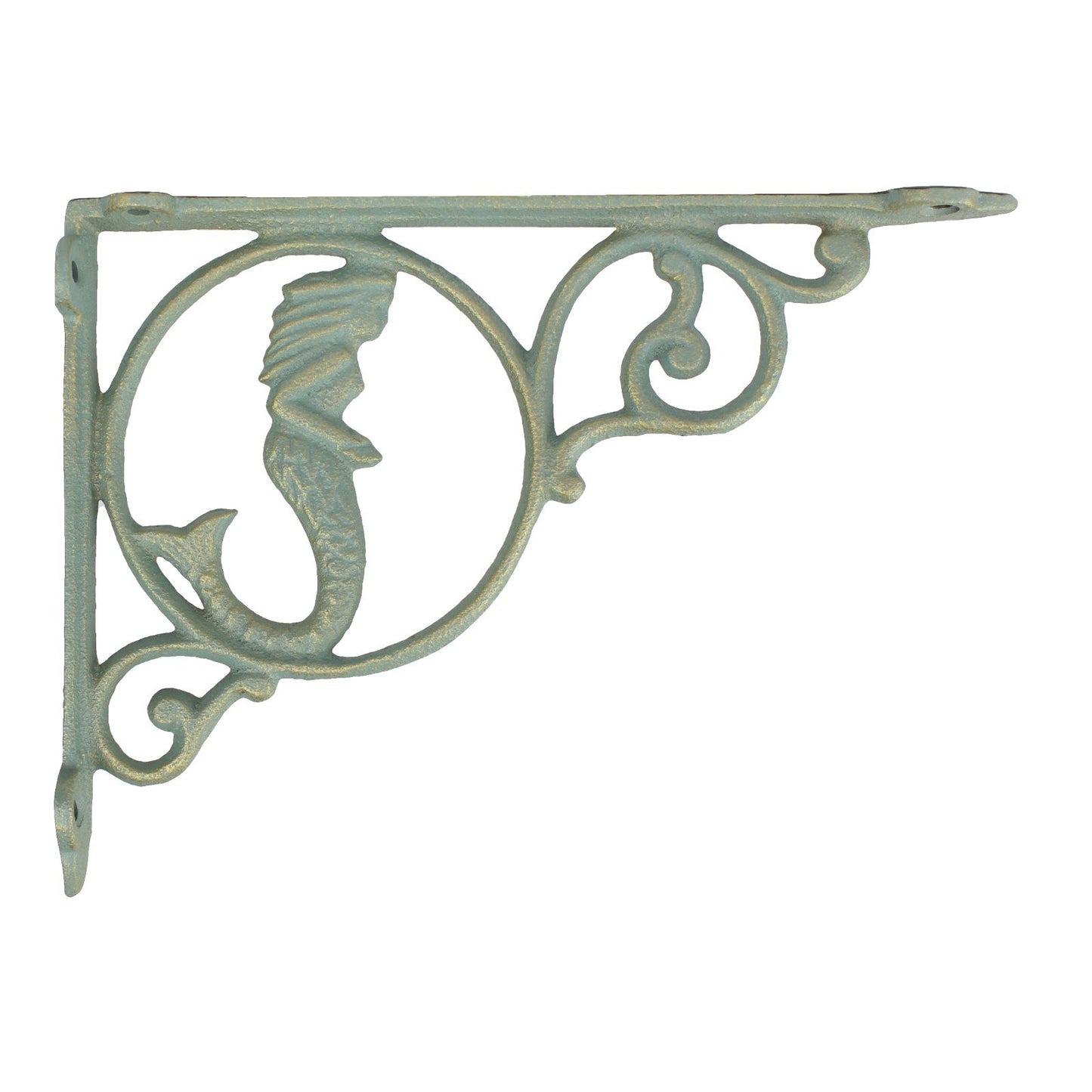 2 Mermaid Scrolls Shelf Brackets Verdigris Cast Iron Nautical Decor Green 9 inch