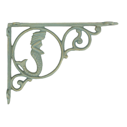 2 Mermaid Scrolls Shelf Brackets Verdigris Cast Iron Nautical Decor Green 9 inch