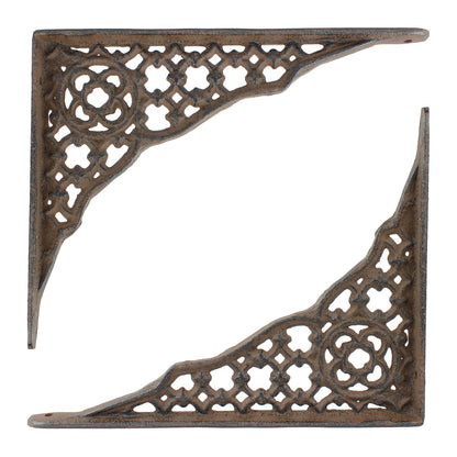 2 Cast Iron Lattice Shelf Brackets Rustic Brown Antique Style 8 1/4 x 6 1/2 inch