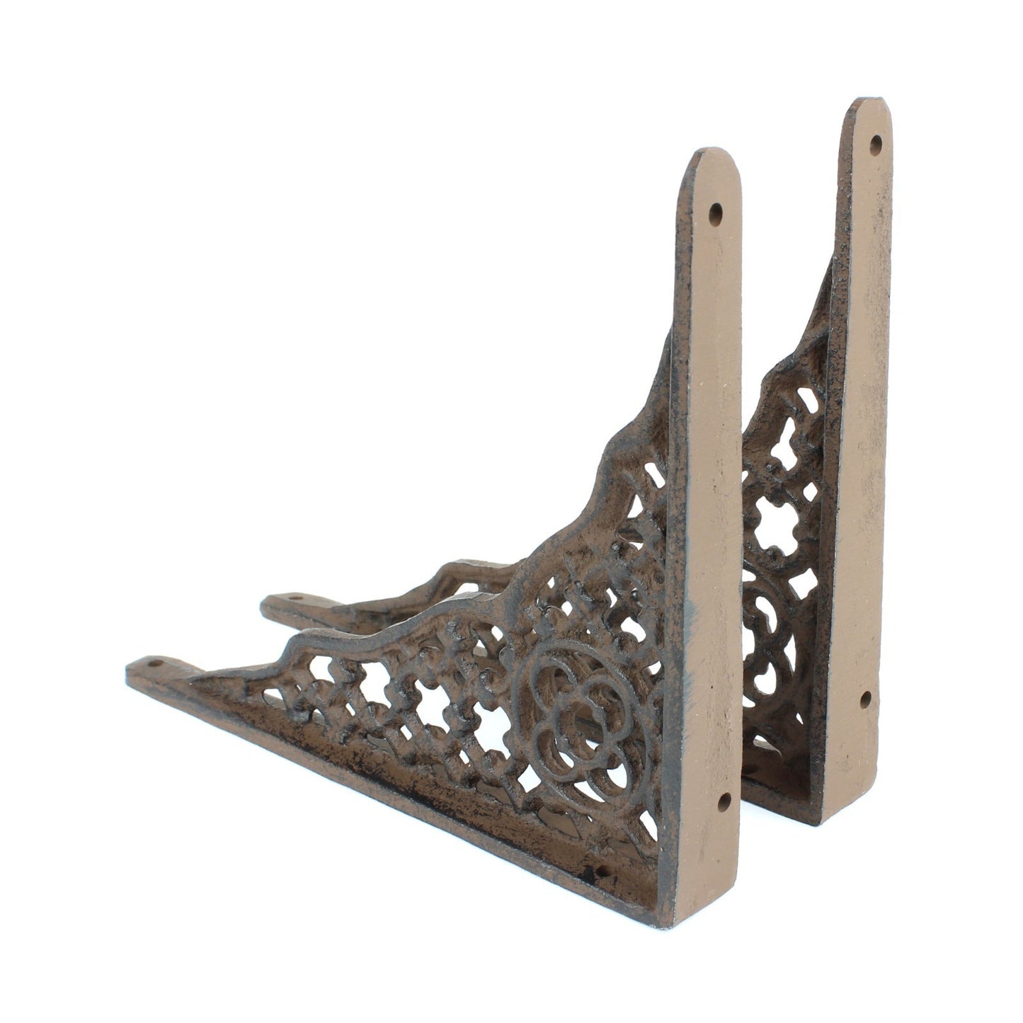 2 Cast Iron Lattice Shelf Brackets Rustic Brown Antique Style 8 1/4 x 6 1/2 inch