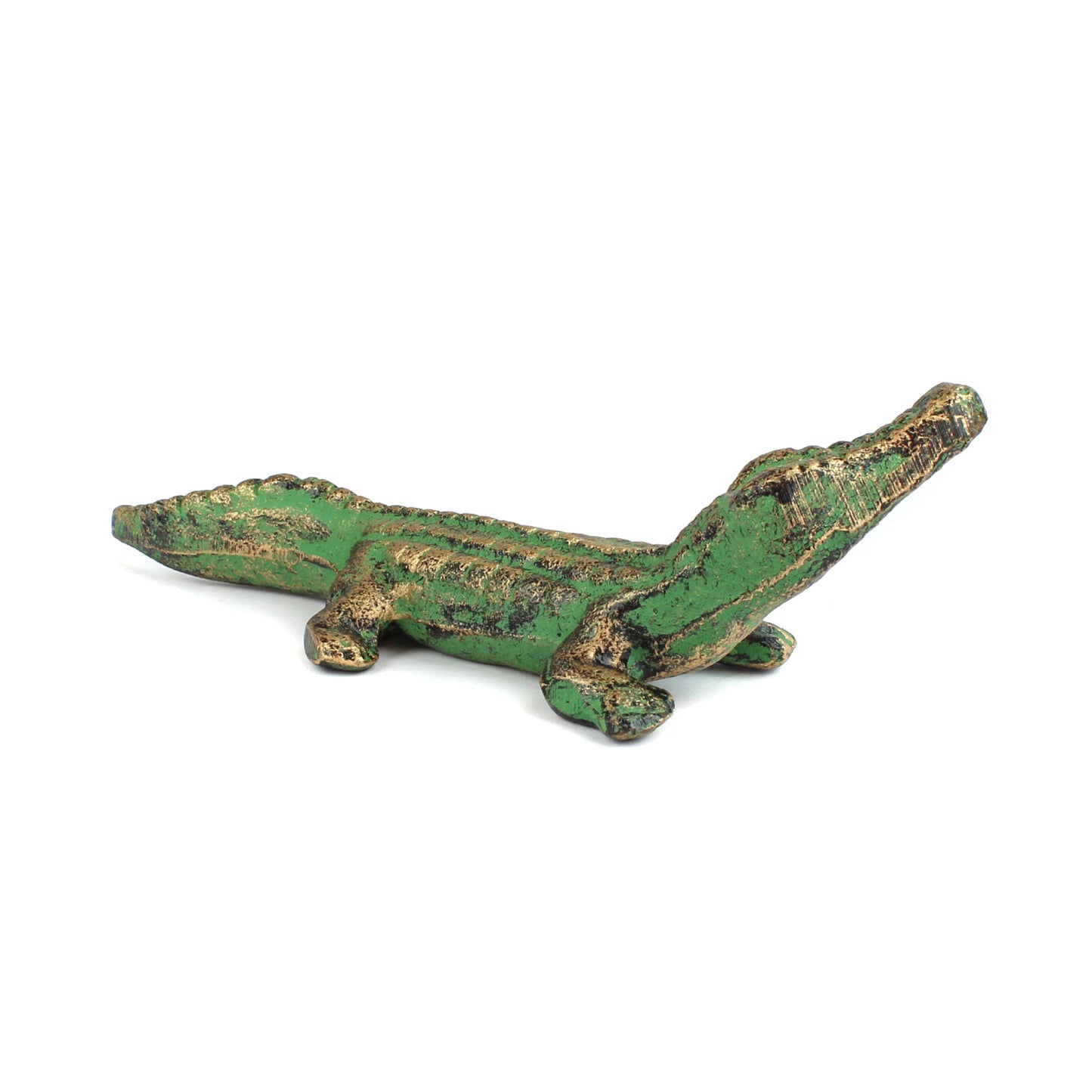 Cast Iron Alligator Figurine Statue Verdigris Green & Gold Pond Decor 7.5 inch