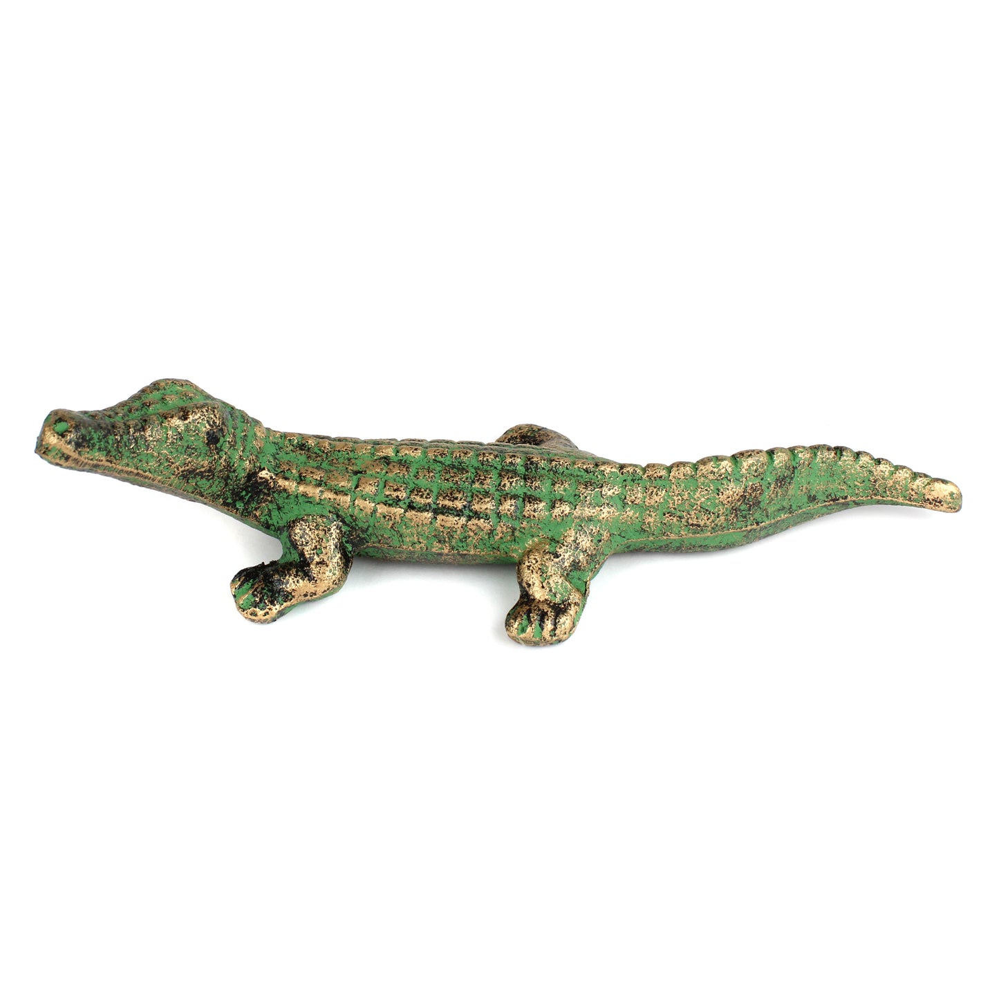 Cast Iron Alligator Figurine Statue Verdigris Green & Gold Pond Decor 7.5 inch